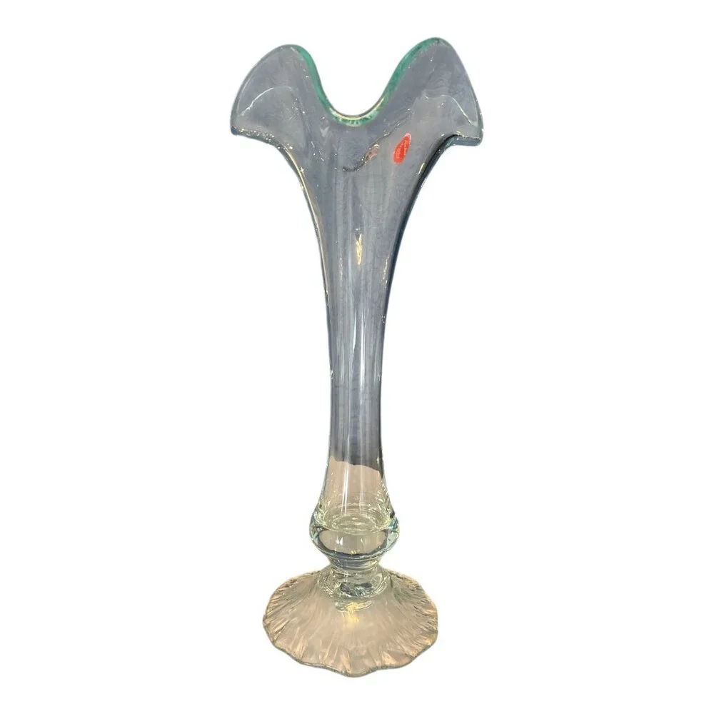 Vintage Faviluso Hand-Blown Art Glass Trumpet Vase – Green Edged Clear Glass – M